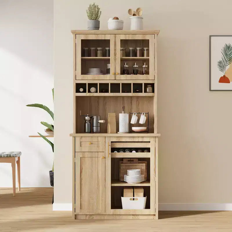 Zeus & Ruta 74.8 Farmhouse Freestanding Kitchen Pantry Cabinet with Wine Rack & Adjustable Shelves for Dining Room