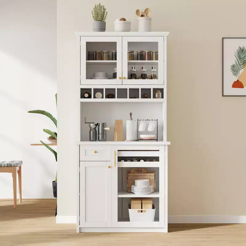 Zeus & Ruta 74.8 Farmhouse Freestanding Kitchen Pantry Cabinet with Wine Rack & Adjustable Shelves for Dining Room