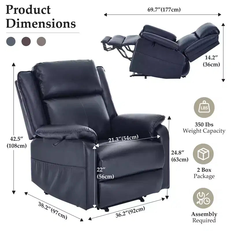 KERDOM PU Leather Electric Recliner, Living Room Style, with Side Pockets and Height Adjustment