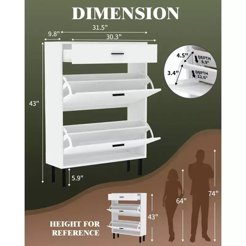 Slim three-tier shoe cabinet with double flip-up drawers adjustable shelves, concealed shelving, space-saving design.