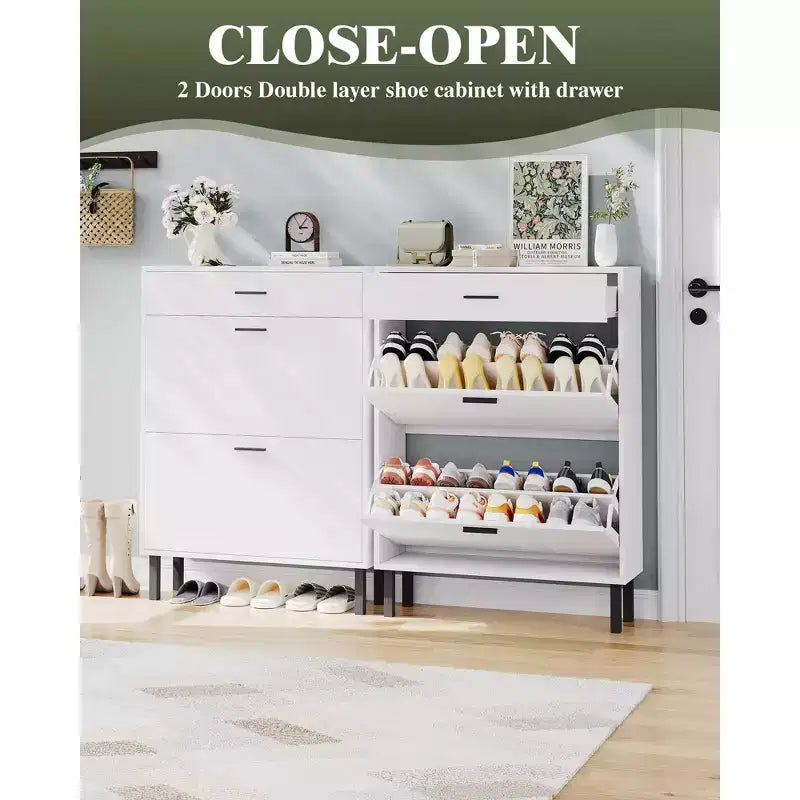 Slim three-tier shoe cabinet with double flip-up drawers adjustable shelves, concealed shelving, space-saving design.