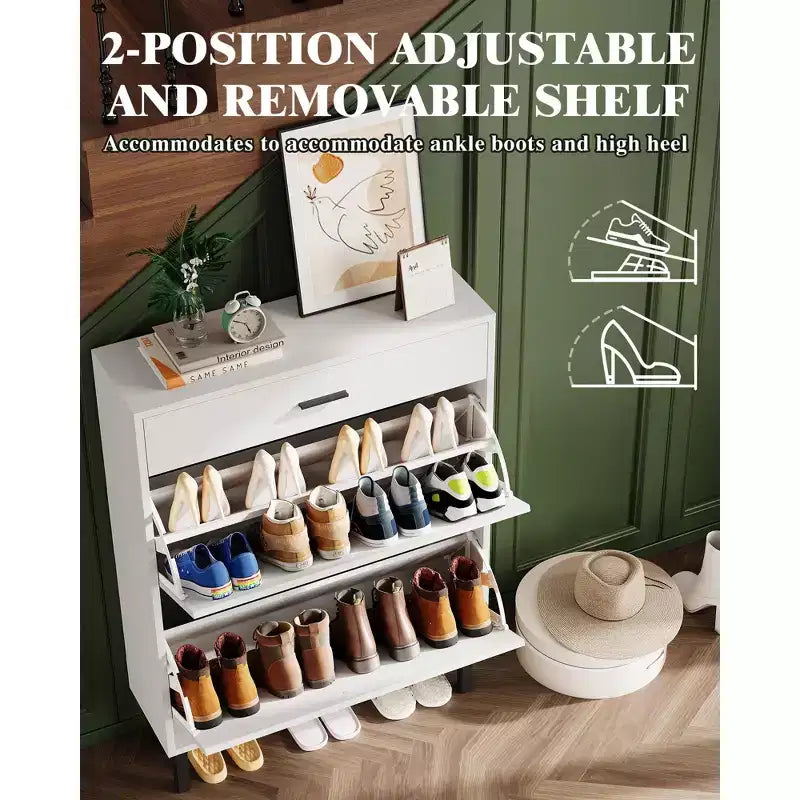 Slim three-tier shoe cabinet with double flip-up drawers adjustable shelves, concealed shelving, space-saving design.