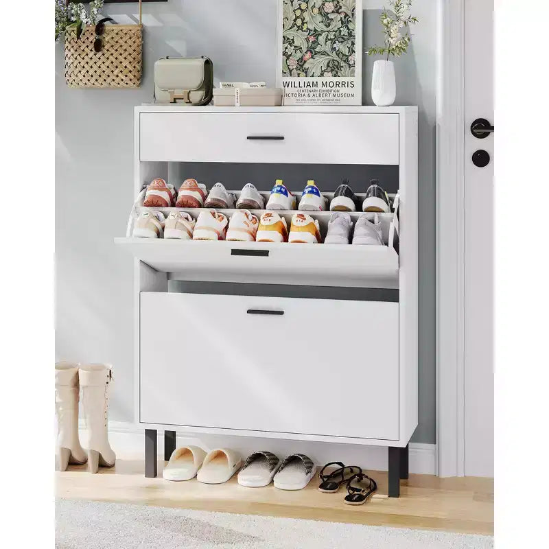 Slim three-tier shoe cabinet with double flip-up drawers adjustable shelves, concealed shelving, space-saving design.