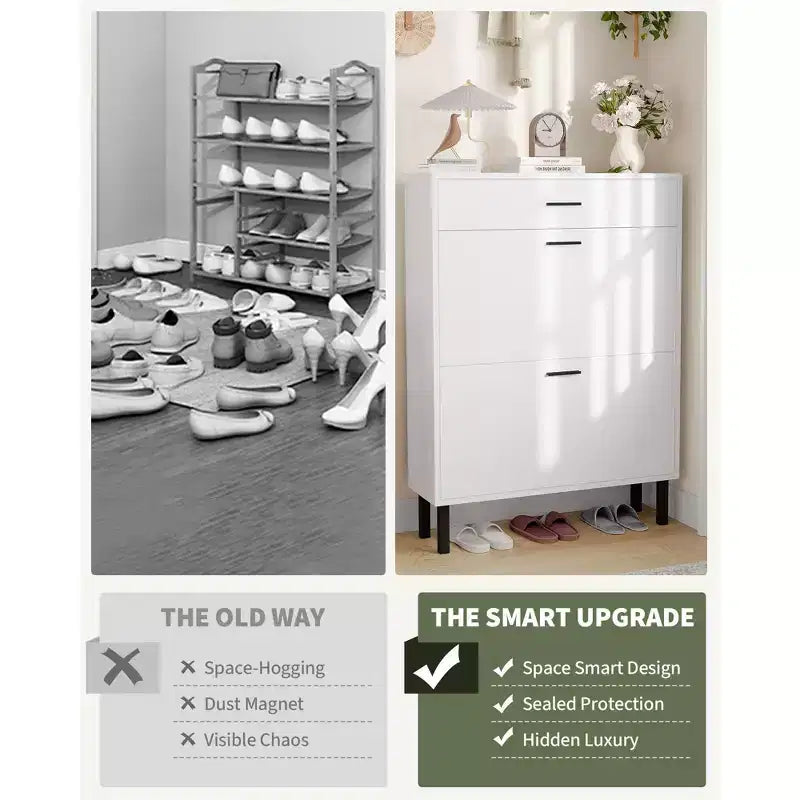 Slim three-tier shoe cabinet with double flip-up drawers adjustable shelves, concealed shelving, space-saving design.
