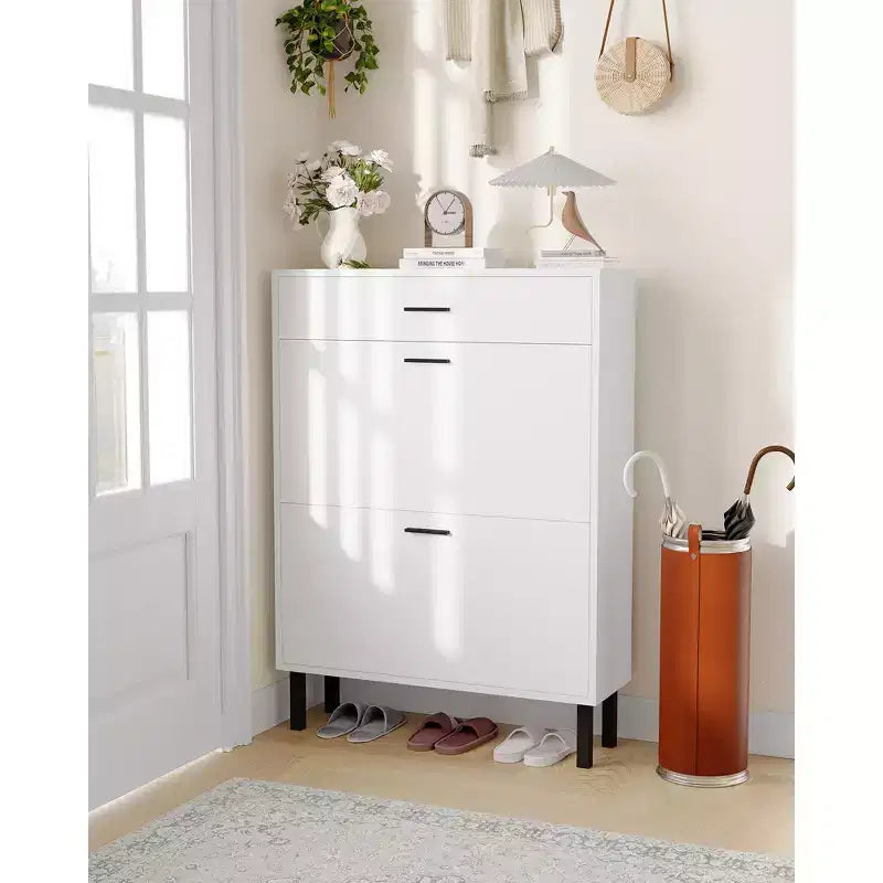 Slim three-tier shoe cabinet with double flip-up drawers adjustable shelves, concealed shelving, space-saving design.