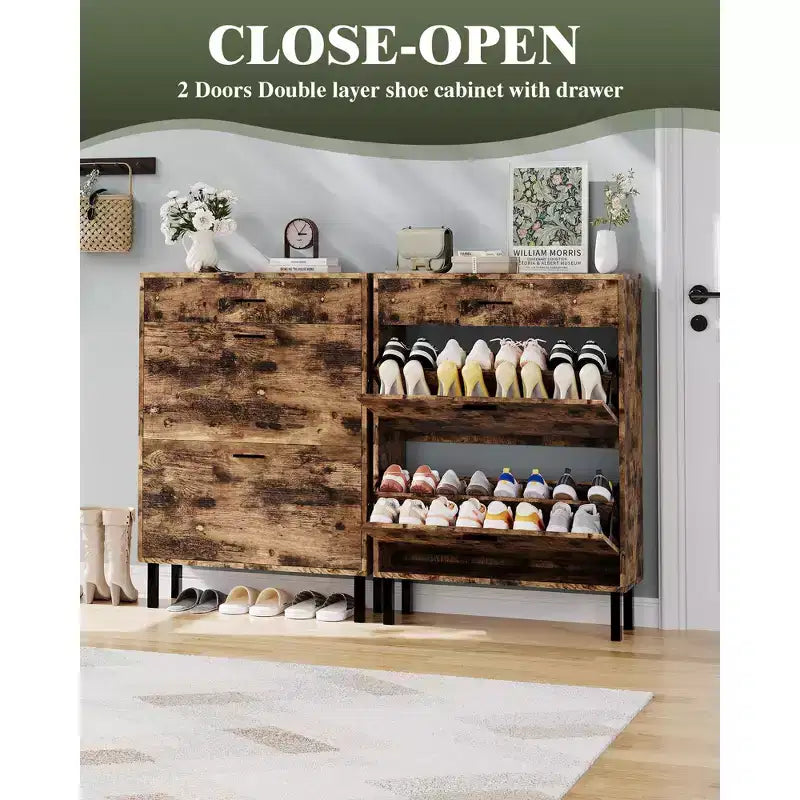 Slim three-tier shoe cabinet with double flip-up drawers adjustable shelves, concealed shelving, space-saving design.