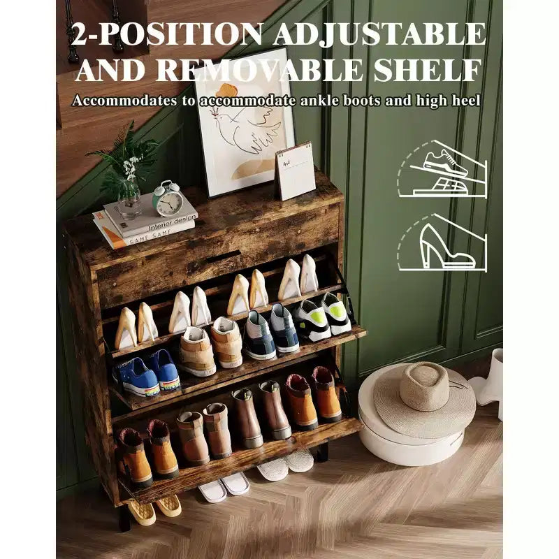 Slim three-tier shoe cabinet with double flip-up drawers adjustable shelves, concealed shelving, space-saving design.