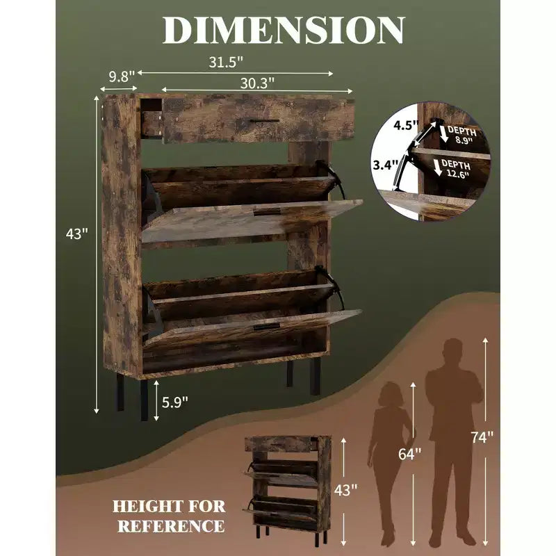 Slim three-tier shoe cabinet with double flip-up drawers adjustable shelves, concealed shelving, space-saving design.