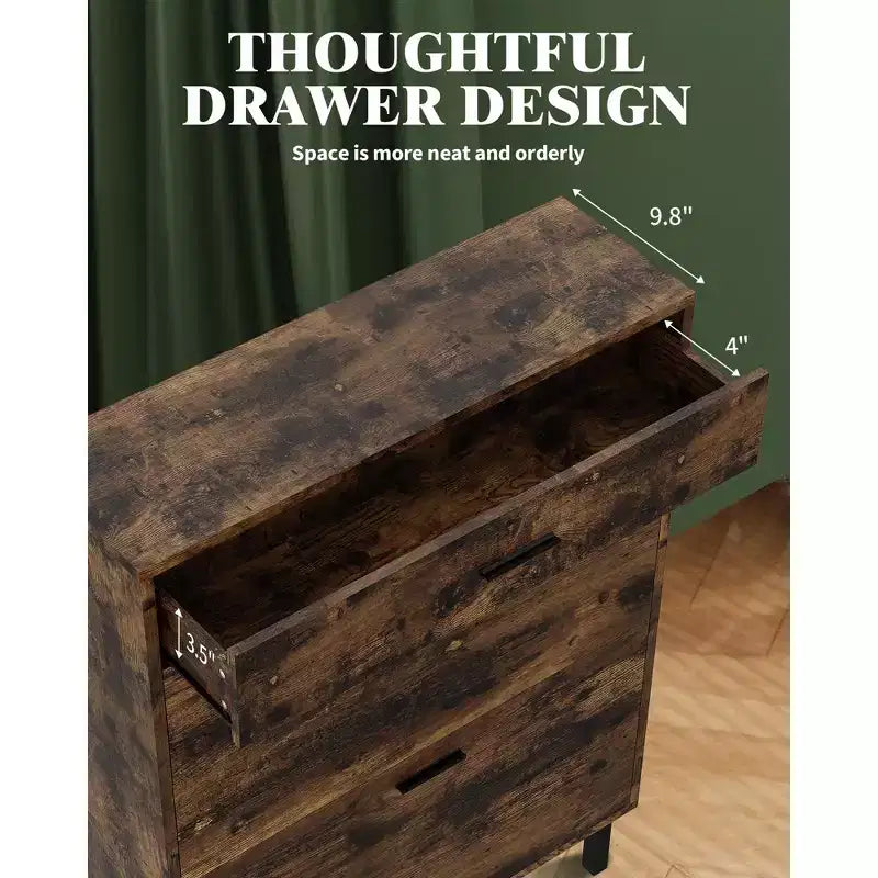 Slim three-tier shoe cabinet with double flip-up drawers adjustable shelves, concealed shelving, space-saving design.