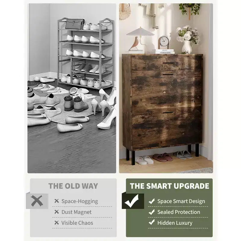Slim three-tier shoe cabinet with double flip-up drawers adjustable shelves, concealed shelving, space-saving design.