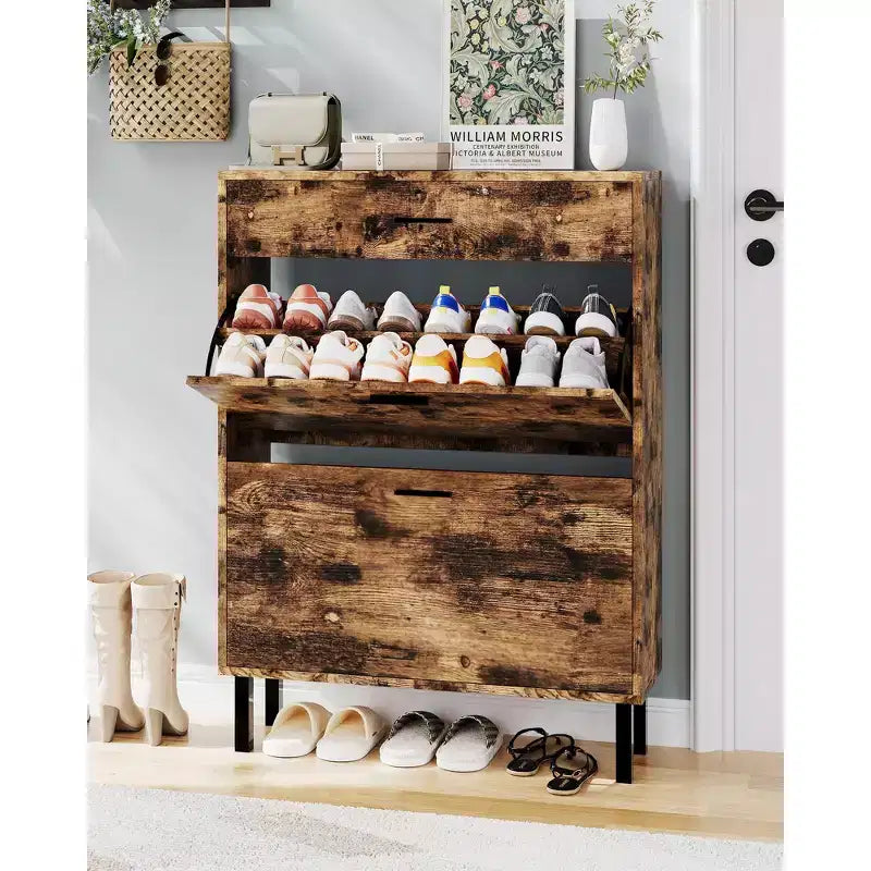 Slim three-tier shoe cabinet with double flip-up drawers adjustable shelves, concealed shelving, space-saving design.