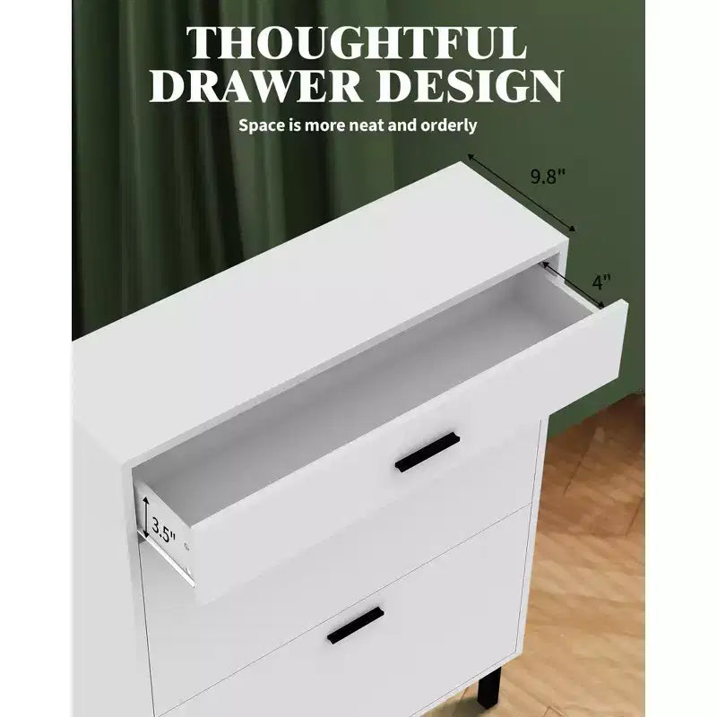 Slim three-tier shoe cabinet with double flip-up drawers adjustable shelves, concealed shelving, space-saving design.