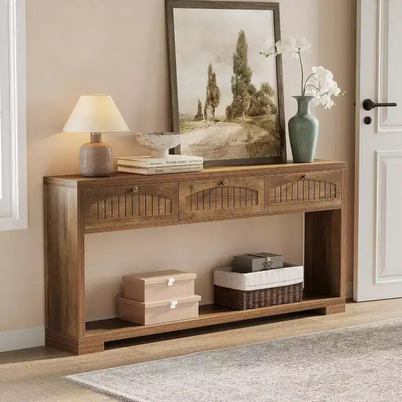 Lantine 70.8-Inch Long Console Table with 3 Drawers, Narrow Farmhouse Entryway Table with 2-Tier Shelves for Hallway, Living Room, Sofa, Rustic Brown