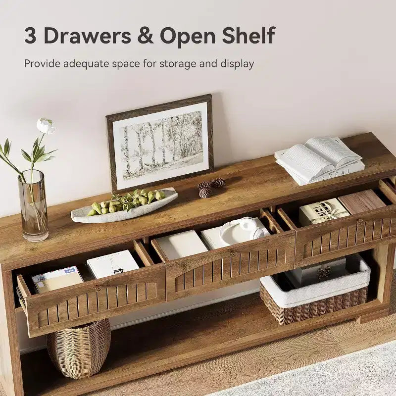 Lantine 70.8-Inch Long Console Table with 3 Drawers, Narrow Farmhouse Entryway Table with 2-Tier Shelves for Hallway, Living Room, Sofa, Rustic Brown