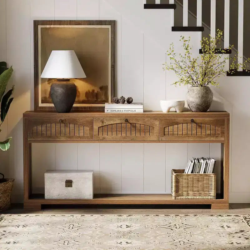 Lantine 70.8-Inch Long Console Table with 3 Drawers, Narrow Farmhouse Entryway Table with 2-Tier Shelves for Hallway, Living Room, Sofa, Rustic Brown