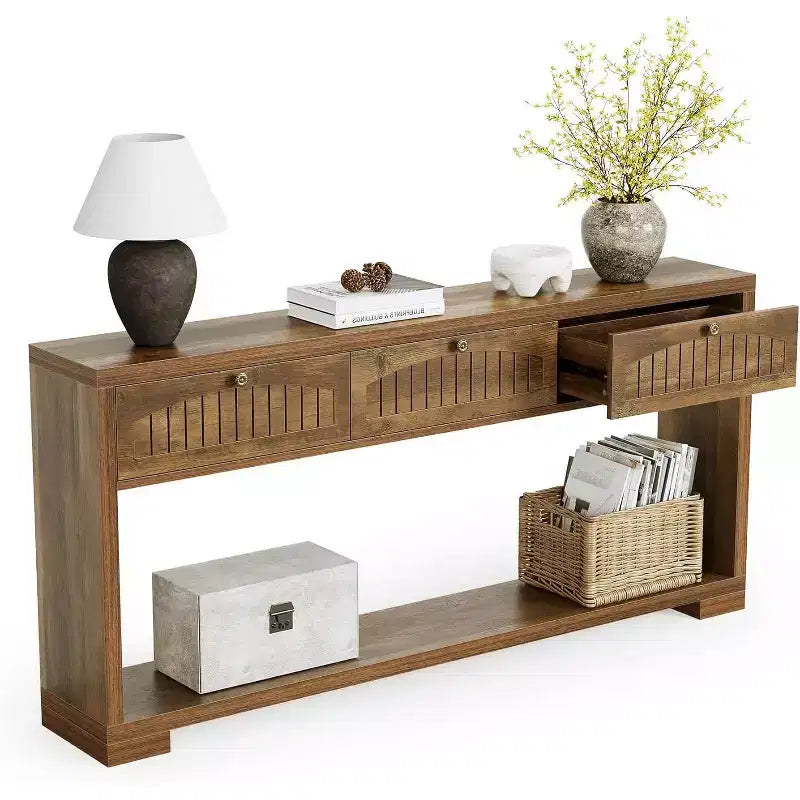 Lantine 70.8-Inch Long Console Table with 3 Drawers, Narrow Farmhouse Entryway Table with 2-Tier Shelves for Hallway, Living Room, Sofa, Rustic Brown