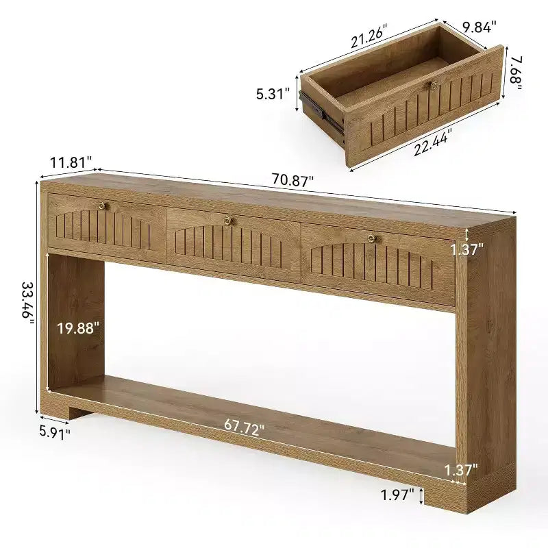 Lantine 70.8-Inch Long Console Table with 3 Drawers, Narrow Farmhouse Entryway Table with 2-Tier Shelves for Hallway, Living Room, Sofa, Rustic Brown