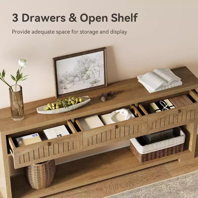 Lantine 70.8-Inch Long Console Table with 3 Drawers, Narrow Farmhouse Entryway Table with 2-Tier Shelves for Hallway, Living Room, Sofa, Rustic Brown