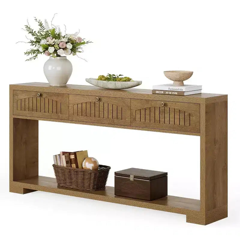 Lantine 70.8-Inch Long Console Table with 3 Drawers, Narrow Farmhouse Entryway Table with 2-Tier Shelves for Hallway, Living Room, Sofa, Rustic Brown