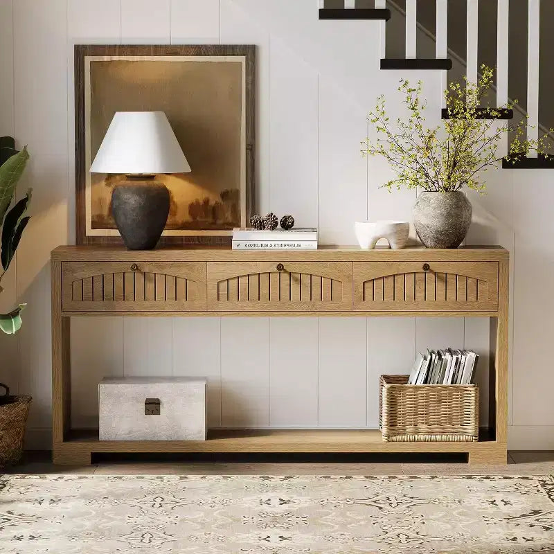 Lantine 70.8-Inch Long Console Table with 3 Drawers, Narrow Farmhouse Entryway Table with 2-Tier Shelves for Hallway, Living Room, Sofa, Rustic Brown