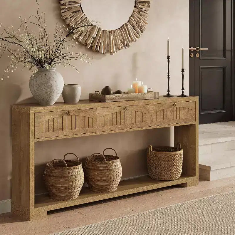 Lantine 70.8-Inch Long Console Table with 3 Drawers, Narrow Farmhouse Entryway Table with 2-Tier Shelves for Hallway, Living Room, Sofa, Rustic Brown