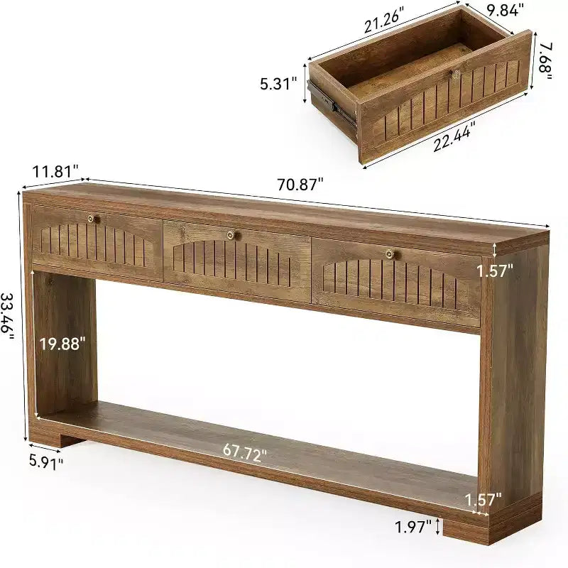 Lantine 70.8-Inch Long Console Table with 3 Drawers, Narrow Farmhouse Entryway Table with 2-Tier Shelves for Hallway, Living Room, Sofa, Rustic Brown