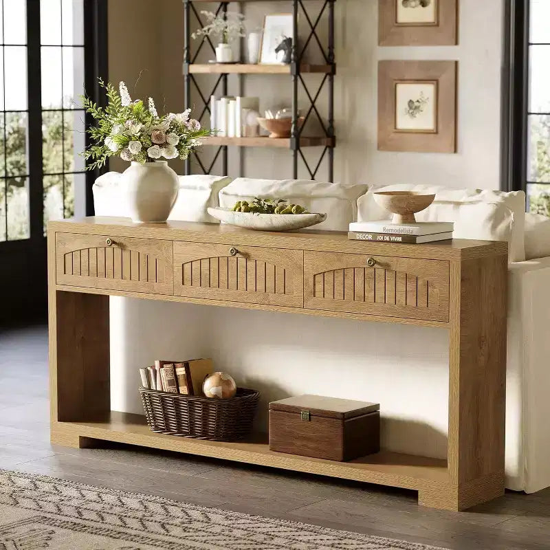 Lantine 70.8-Inch Long Console Table with 3 Drawers, Narrow Farmhouse Entryway Table with 2-Tier Shelves for Hallway, Living Room, Sofa, Rustic Brown