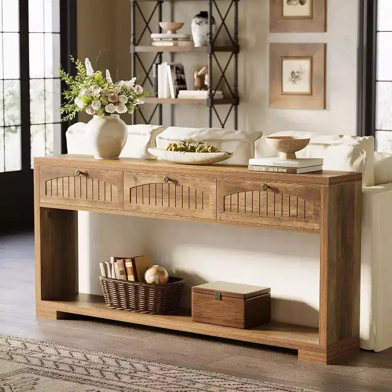 Lantine 70.8-Inch Long Console Table with 3 Drawers, Narrow Farmhouse Entryway Table with 2-Tier Shelves for Hallway, Living Room, Sofa, Rustic Brown