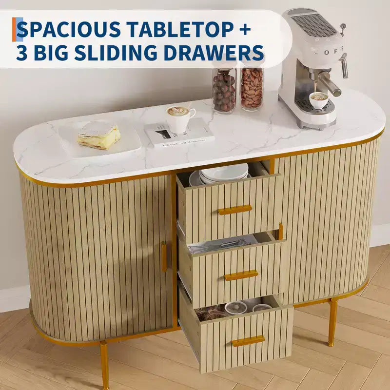 127 cm Modern Sideboard with Mid-Century Ribbed Details & Faux Marble Cover, Curved Profile Sliding Doors and Ample Storage Space
