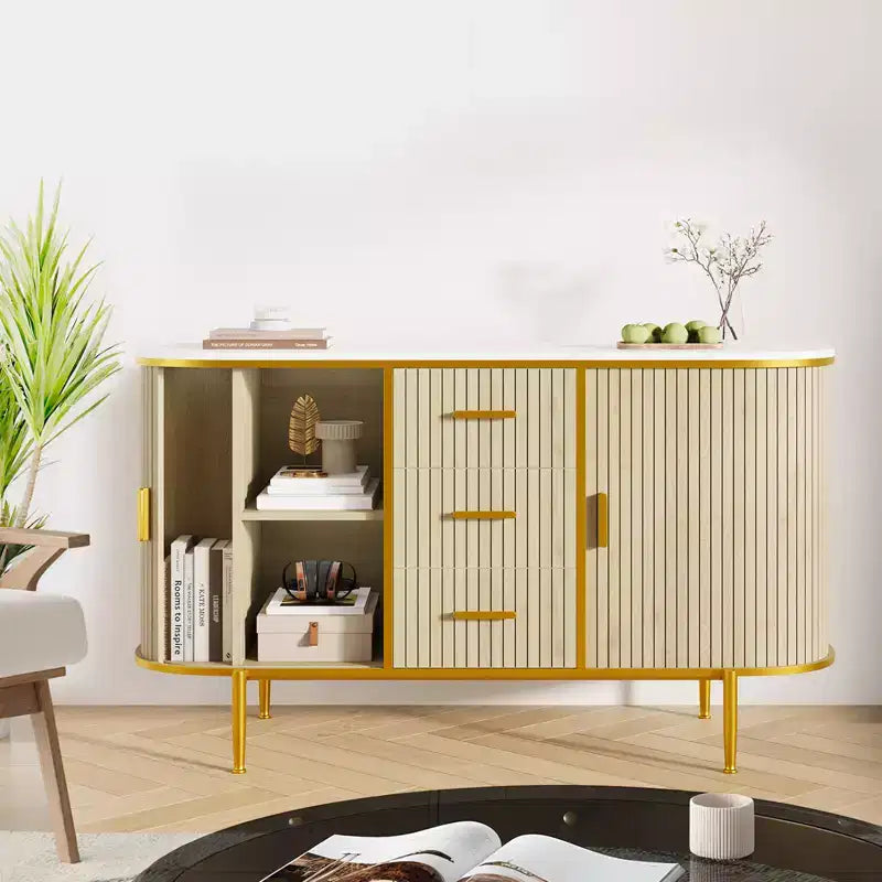 127 cm Modern Sideboard with Mid-Century Ribbed Details & Faux Marble Cover, Curved Profile Sliding Doors and Ample Storage Space