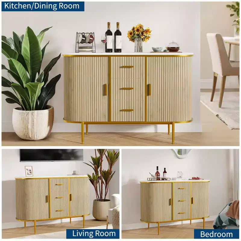 127 cm Modern Sideboard with Mid-Century Ribbed Details & Faux Marble Cover, Curved Profile Sliding Doors and Ample Storage Space