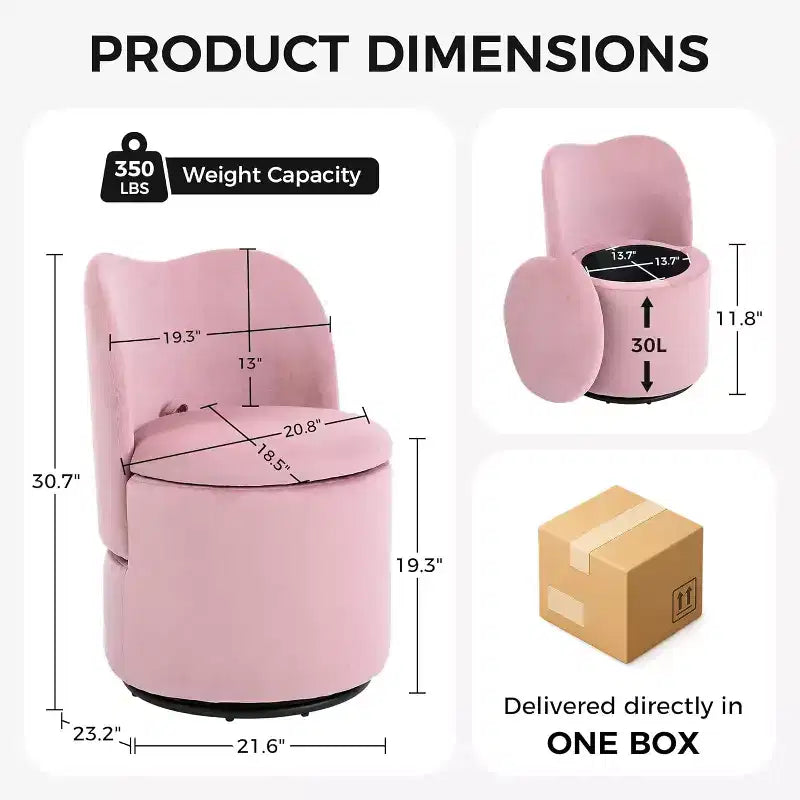 Swivel Vanity Chair with Storage, Upholstered Round Makeup Stool Accent Chair with Back, Soft Padded Seat for Bedroom Living Room