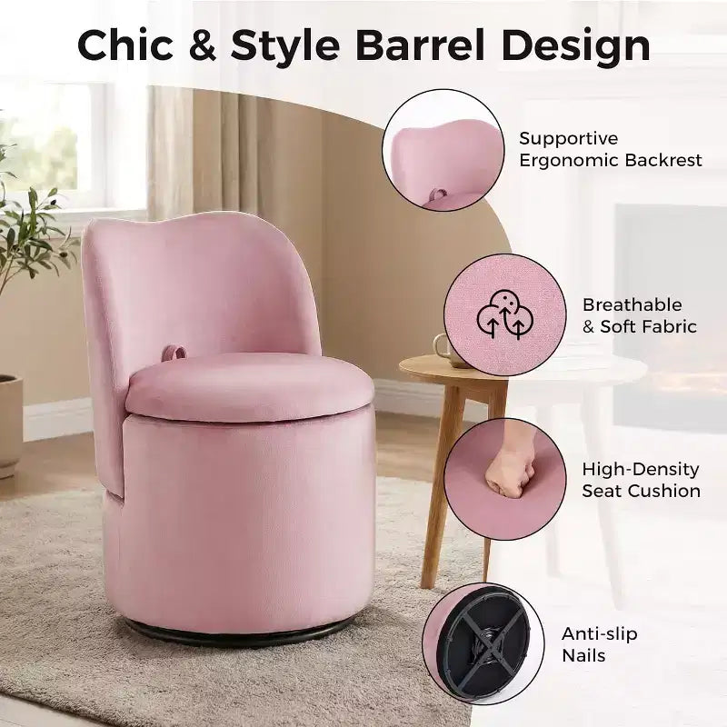 Swivel Vanity Chair with Storage, Upholstered Round Makeup Stool Accent Chair with Back, Soft Padded Seat for Bedroom Living Room