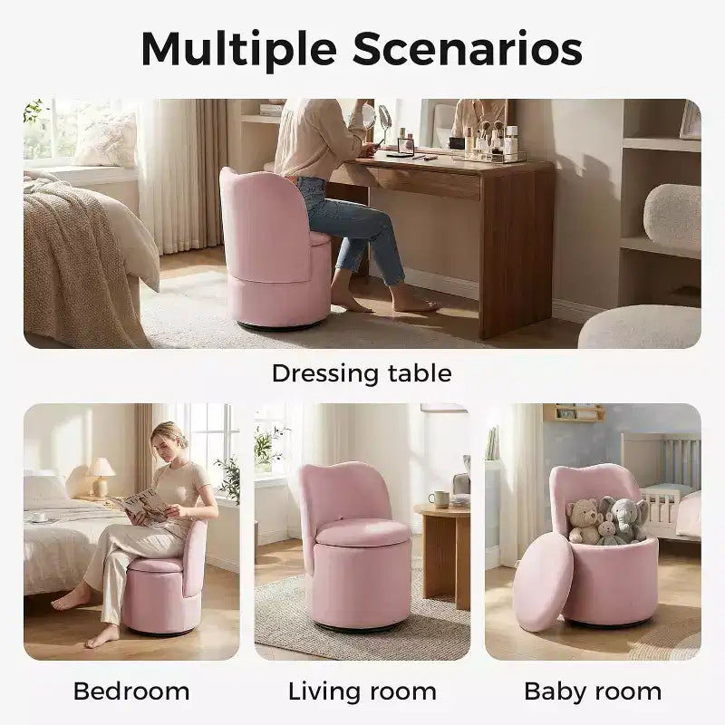 Swivel Vanity Chair with Storage, Upholstered Round Makeup Stool Accent Chair with Back, Soft Padded Seat for Bedroom Living Room