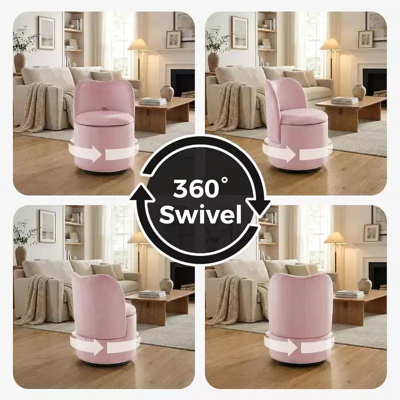 Swivel Vanity Chair with Storage, Upholstered Round Makeup Stool Accent Chair with Back, Soft Padded Seat for Bedroom Living Room