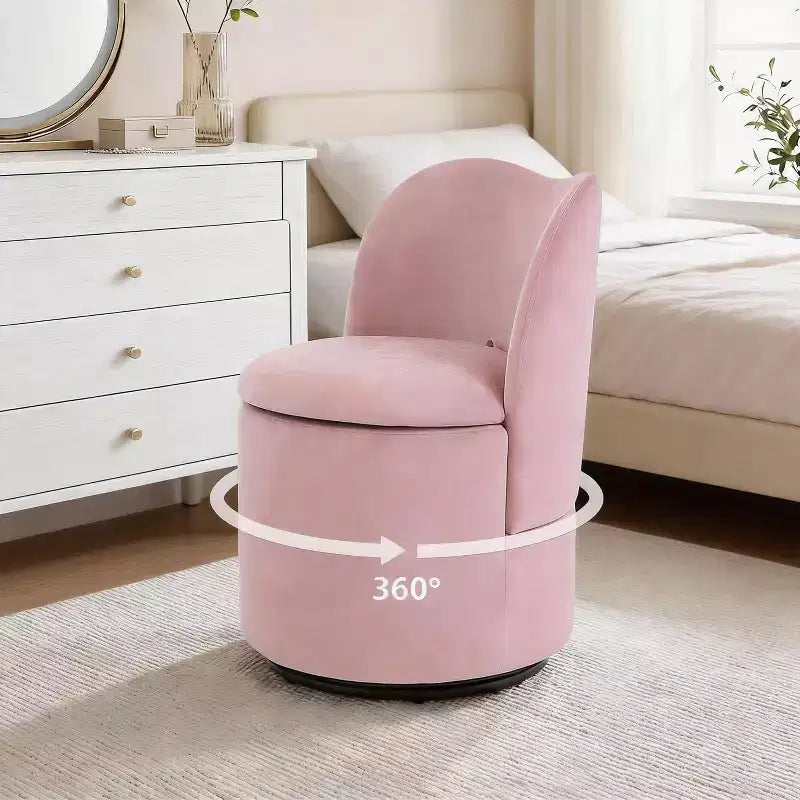 Swivel Vanity Chair with Storage, Upholstered Round Makeup Stool Accent Chair with Back, Soft Padded Seat for Bedroom Living Room