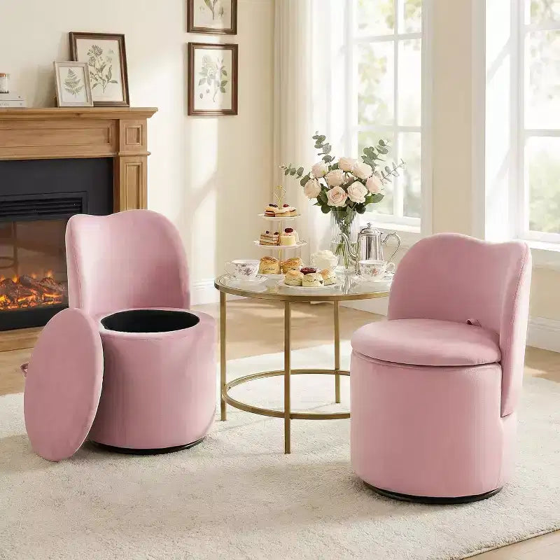 Swivel Vanity Chair with Storage, Upholstered Round Makeup Stool Accent Chair with Back, Soft Padded Seat for Bedroom Living Room
