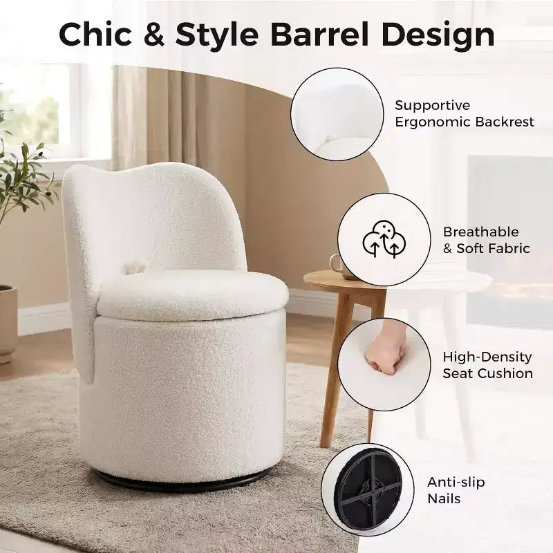 Swivel Vanity Chair with Storage, Upholstered Round Makeup Stool Accent Chair with Back, Soft Padded Seat for Bedroom Living Room