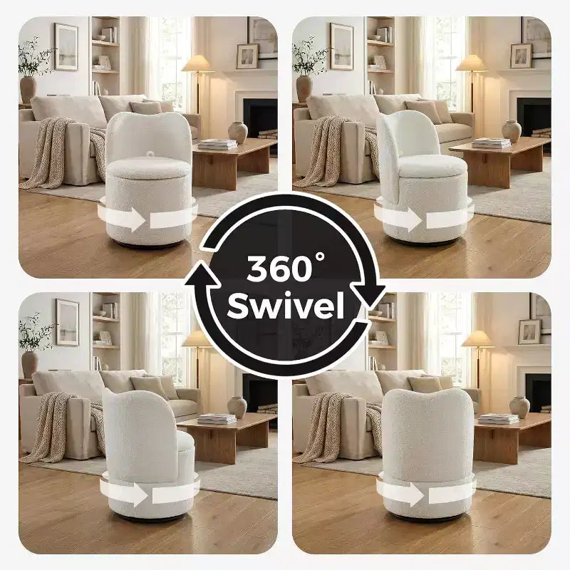 Swivel Vanity Chair with Storage, Upholstered Round Makeup Stool Accent Chair with Back, Soft Padded Seat for Bedroom Living Room