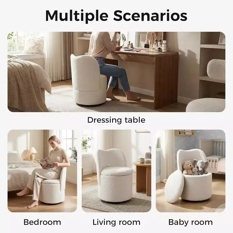 Swivel Vanity Chair with Storage, Upholstered Round Makeup Stool Accent Chair with Back, Soft Padded Seat for Bedroom Living Room