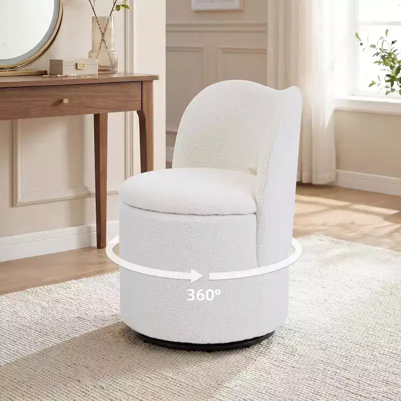 Swivel Vanity Chair with Storage, Upholstered Round Makeup Stool Accent Chair with Back, Soft Padded Seat for Bedroom Living Room