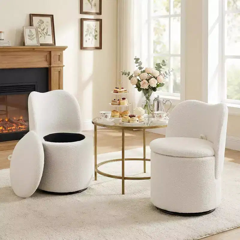 Swivel Vanity Chair with Storage, Upholstered Round Makeup Stool Accent Chair with Back, Soft Padded Seat for Bedroom Living Room