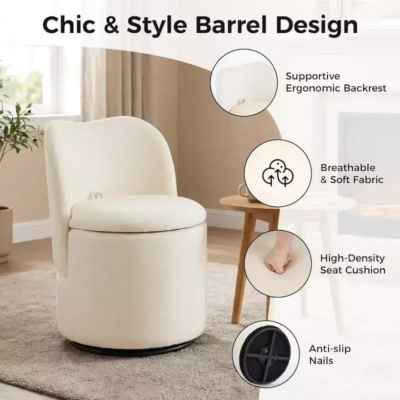 Swivel Vanity Chair with Storage, Upholstered Round Makeup Stool Accent Chair with Back, Soft Padded Seat for Bedroom Living Room