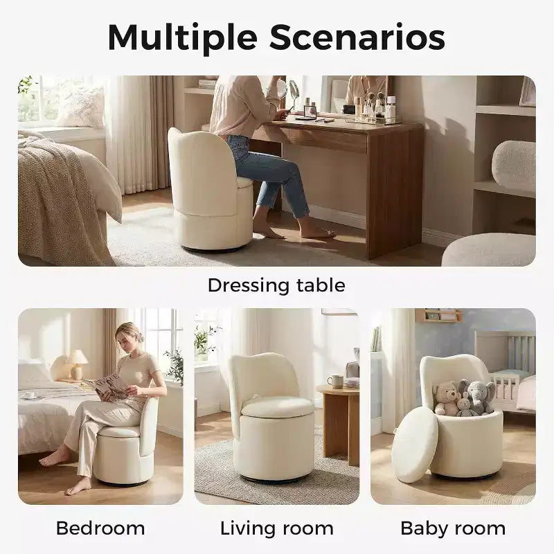 Swivel Vanity Chair with Storage, Upholstered Round Makeup Stool Accent Chair with Back, Soft Padded Seat for Bedroom Living Room
