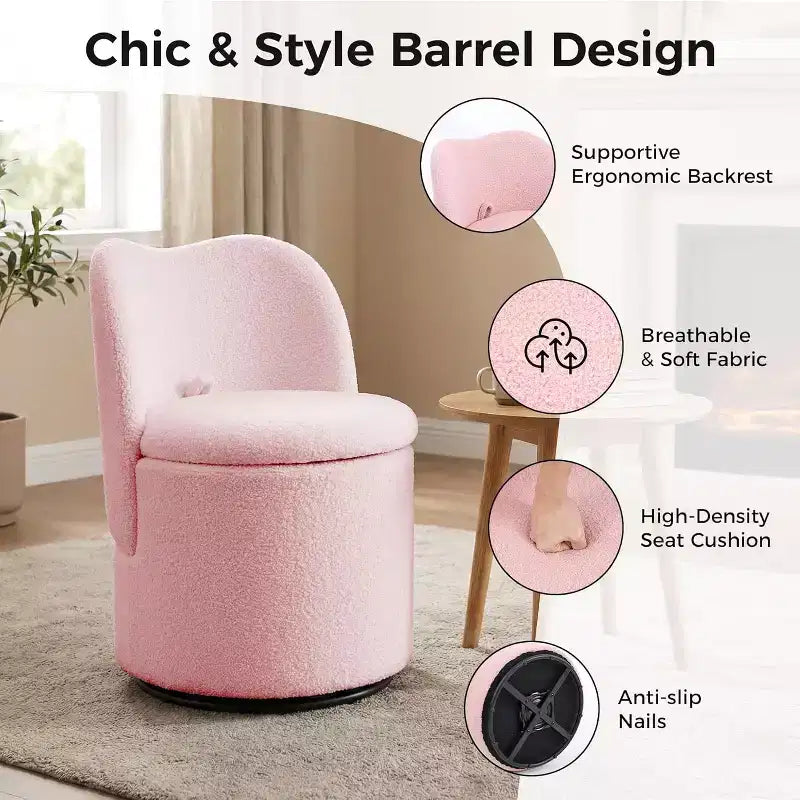 Swivel Vanity Chair with Storage, Upholstered Round Makeup Stool Accent Chair with Back, Soft Padded Seat for Bedroom Living Room