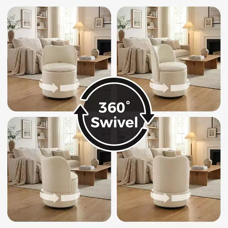 Swivel Vanity Chair with Storage, Upholstered Round Makeup Stool Accent Chair with Back, Soft Padded Seat for Bedroom Living Room