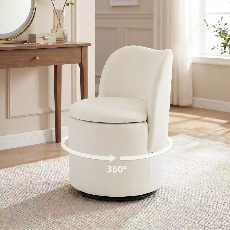 Swivel Vanity Chair with Storage, Upholstered Round Makeup Stool Accent Chair with Back, Soft Padded Seat for Bedroom Living Room
