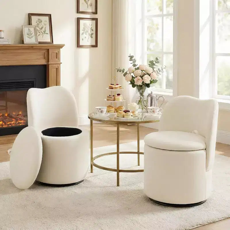 Swivel Vanity Chair with Storage, Upholstered Round Makeup Stool Accent Chair with Back, Soft Padded Seat for Bedroom Living Room