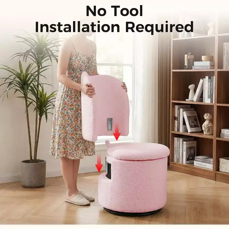 Swivel Vanity Chair with Storage, Upholstered Round Makeup Stool Accent Chair with Back, Soft Padded Seat for Bedroom Living Room