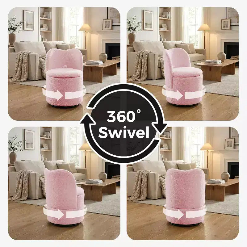Swivel Vanity Chair with Storage, Upholstered Round Makeup Stool Accent Chair with Back, Soft Padded Seat for Bedroom Living Room